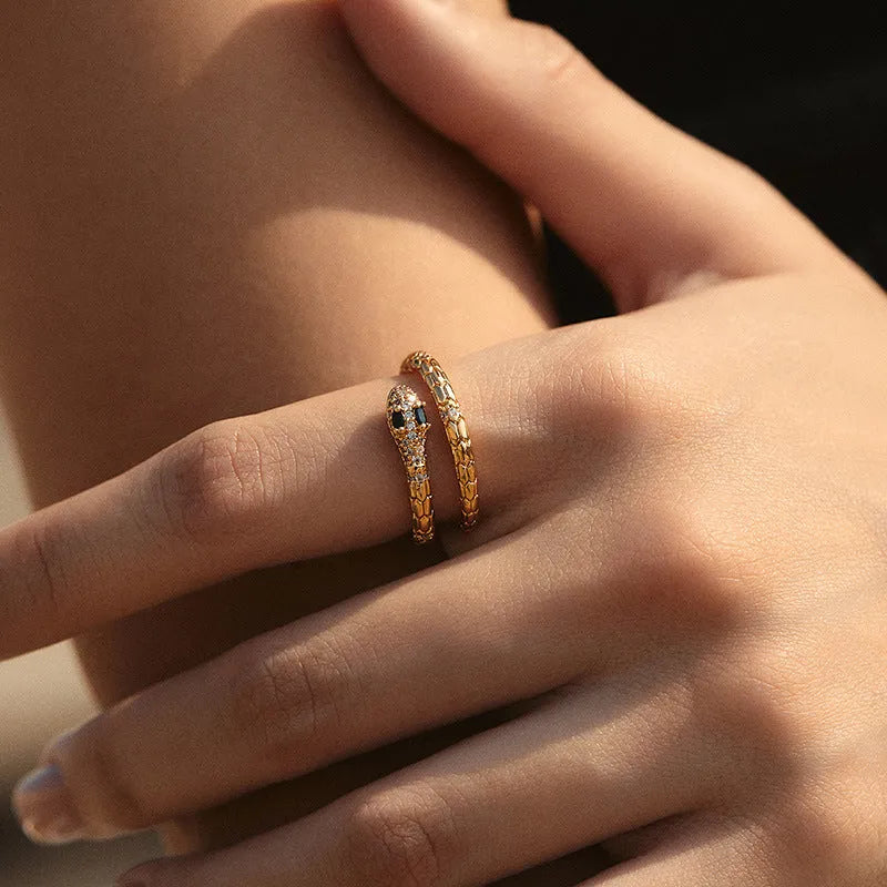 Adjustable snake-shaped copper index finger ring with gold colour plating