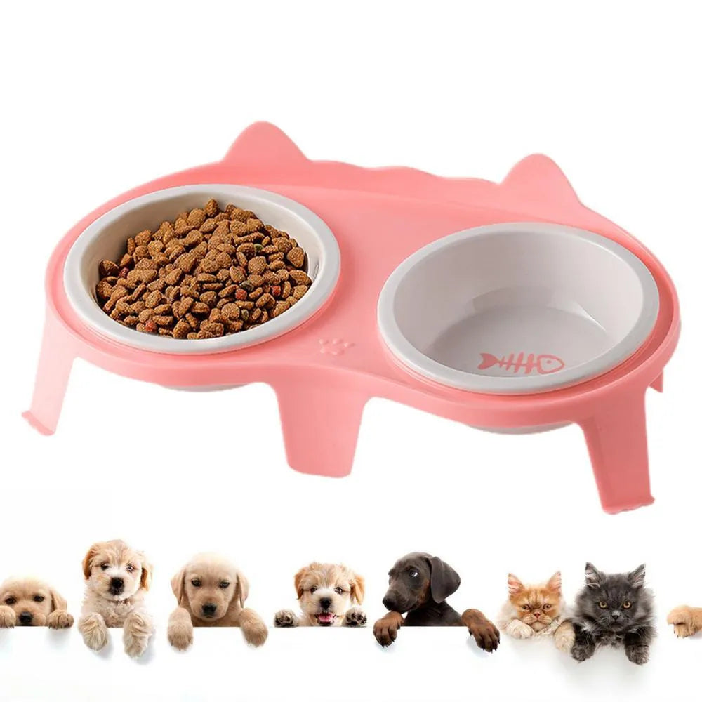 Blue ceramic cat food and water bowls on a white elevated ABS stand with a hook.