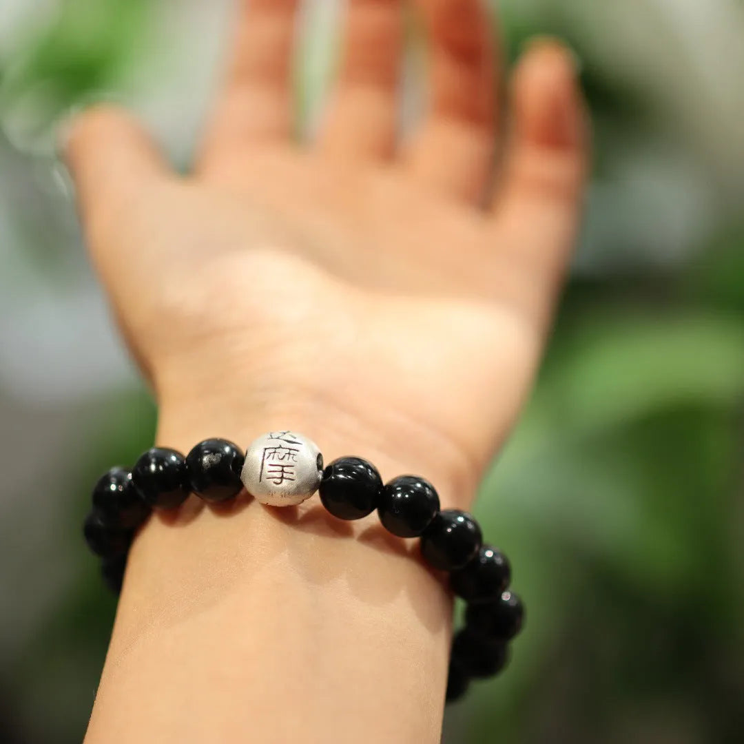 Chinese style black agate bracelet with 10mm beads and sterling silver components