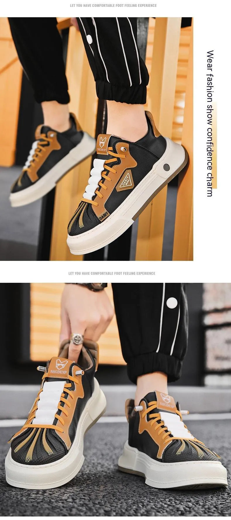 Men's beige low-top casual sneakers with elastic band closure and leather stitching details