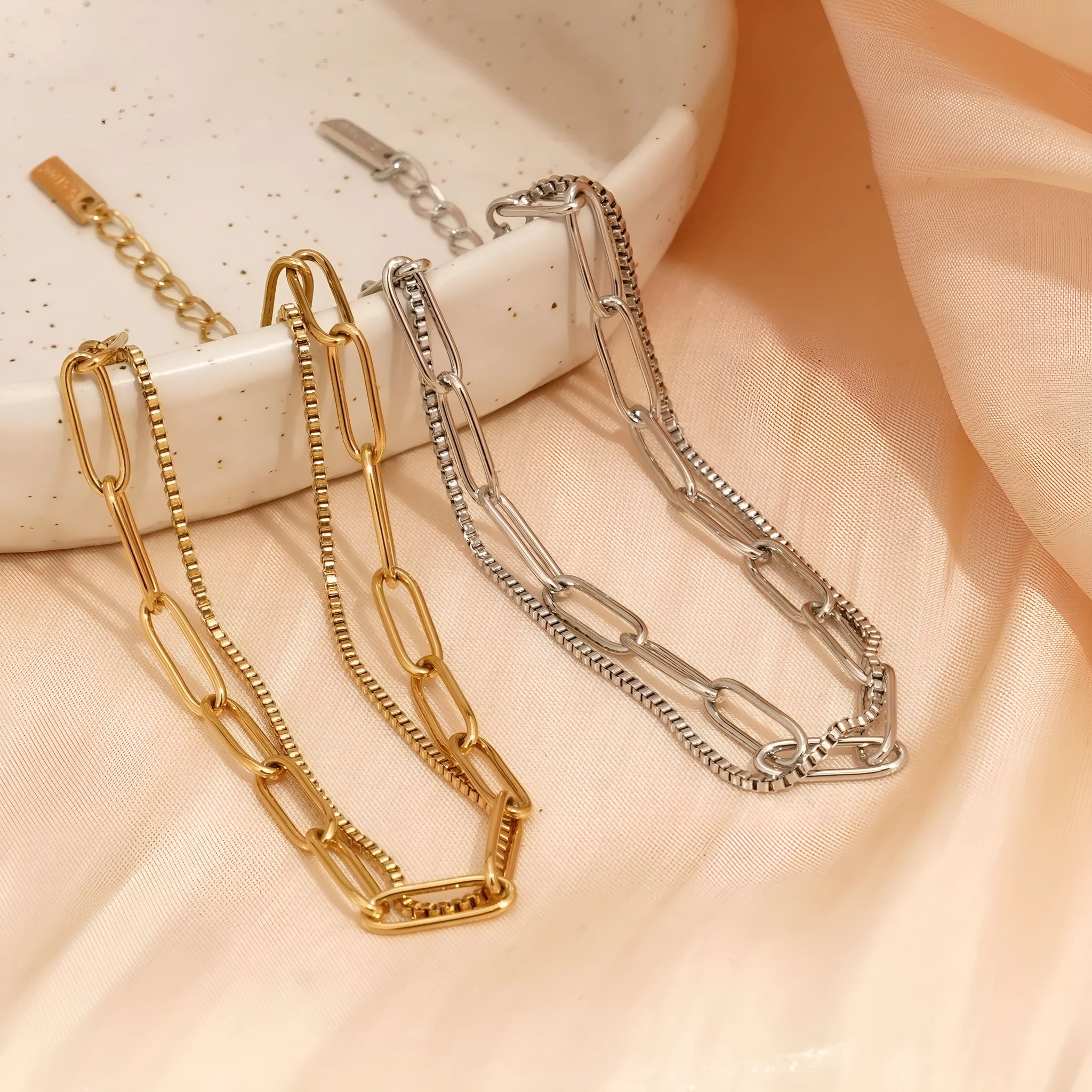 Double layer twin titanium steel bracelet in gold or silver colour with geometric line design
