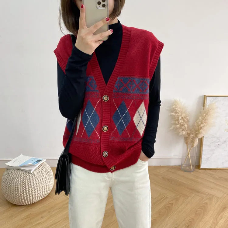 Women's loose sleeveless cardigan with diamond plaid pattern in acrylic fibre