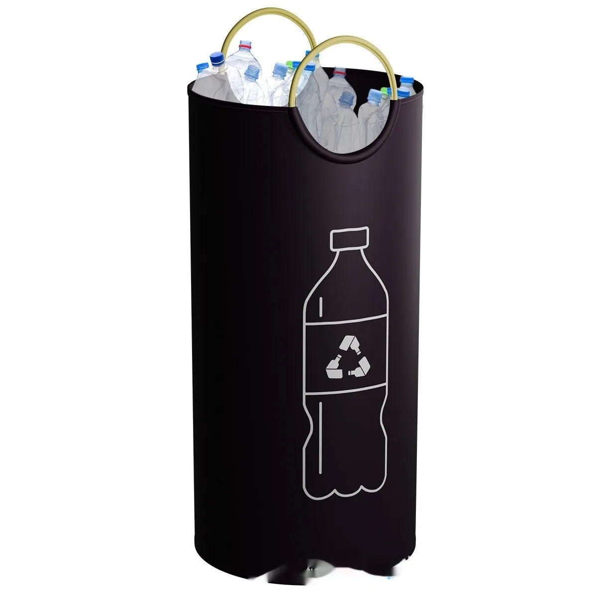 Portable round blue patterned trash can with white bag, 38cm wide and 72cm tall.