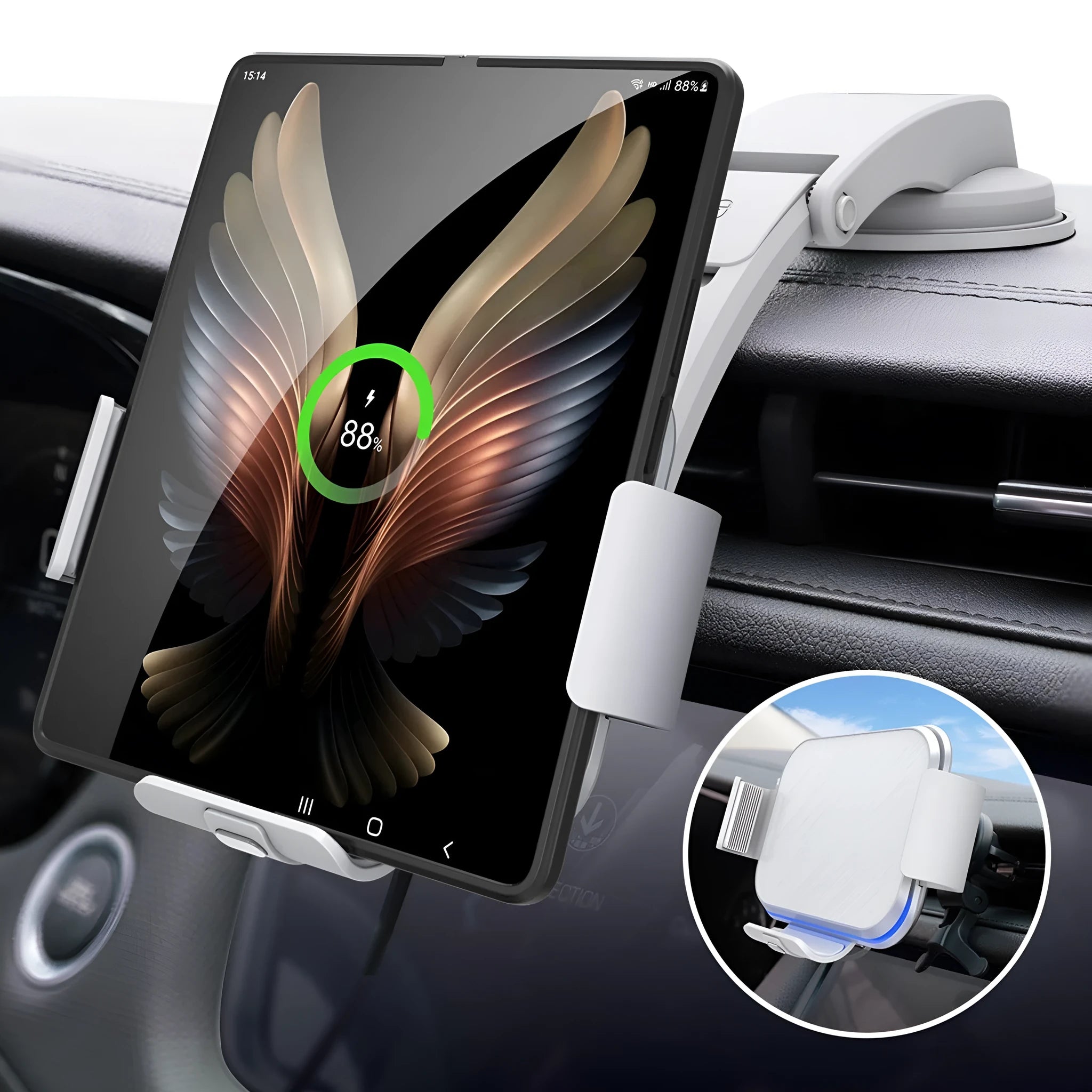 Grey wireless charging car phone holder with folding screen showing air conditioner clip and suction cup mounting options