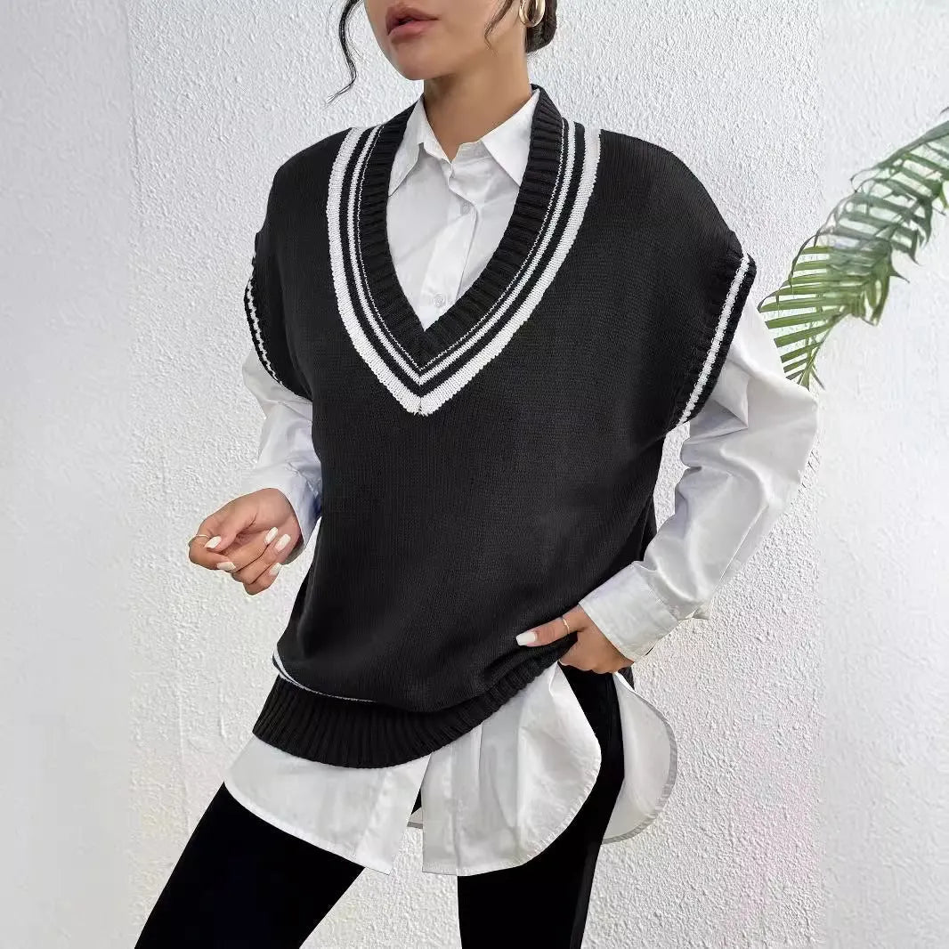 Women's college style wool vest sweater in acrylic blend fabric, loose fit, black blue coffee colour options