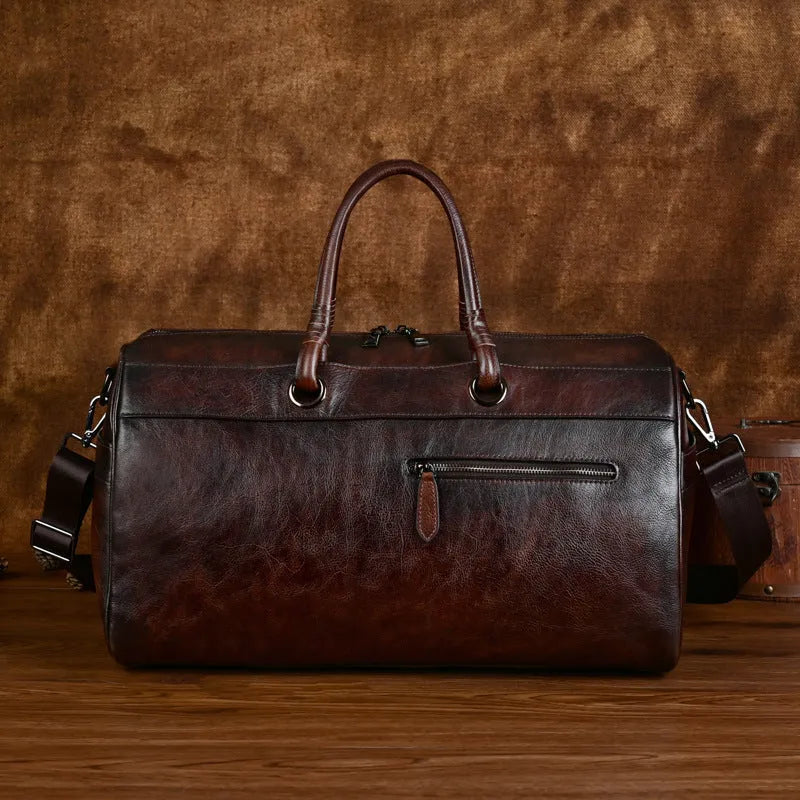 Handmade brown retro leather tote bag with top layer cowhide and large capacity.