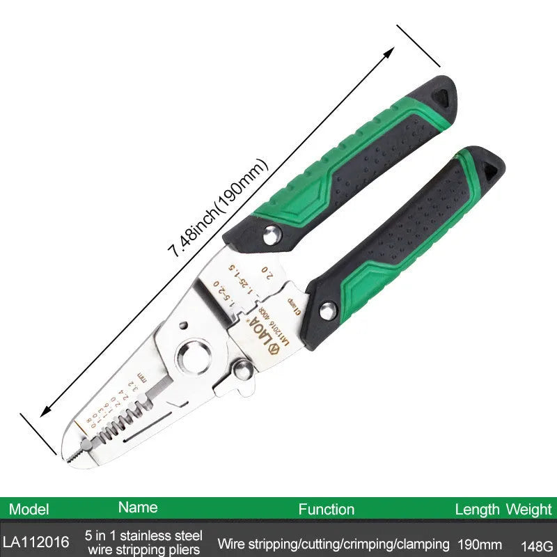 Stainless steel wire stripper tool with seven stripping apertures and two-colour handle