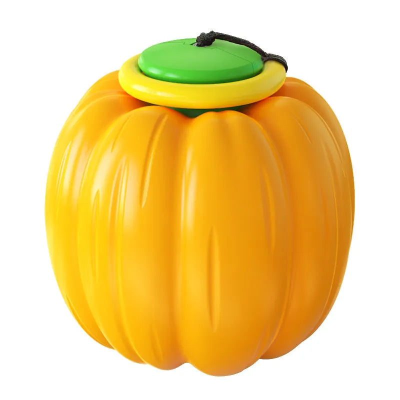 Green, orange, and yellow plastic pumpkin-shaped squeaker dog ball toy for puppies and small dogs.