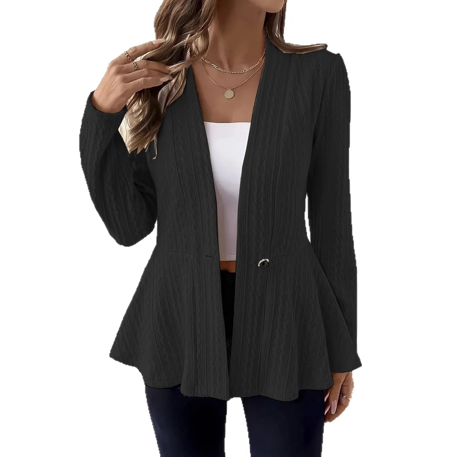 Women's apricot coloured polyester jacquard knitted cardigan with one button front closure