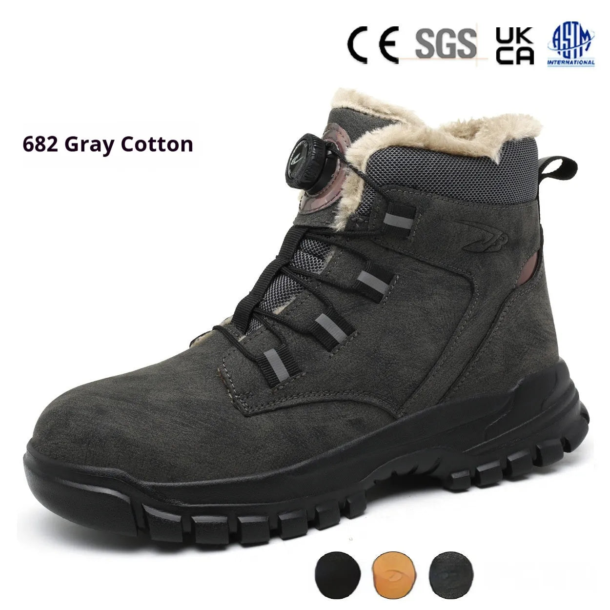Lightweight labour protection safety shoes with leather upper and rubber sole in black, yellow and grey colours