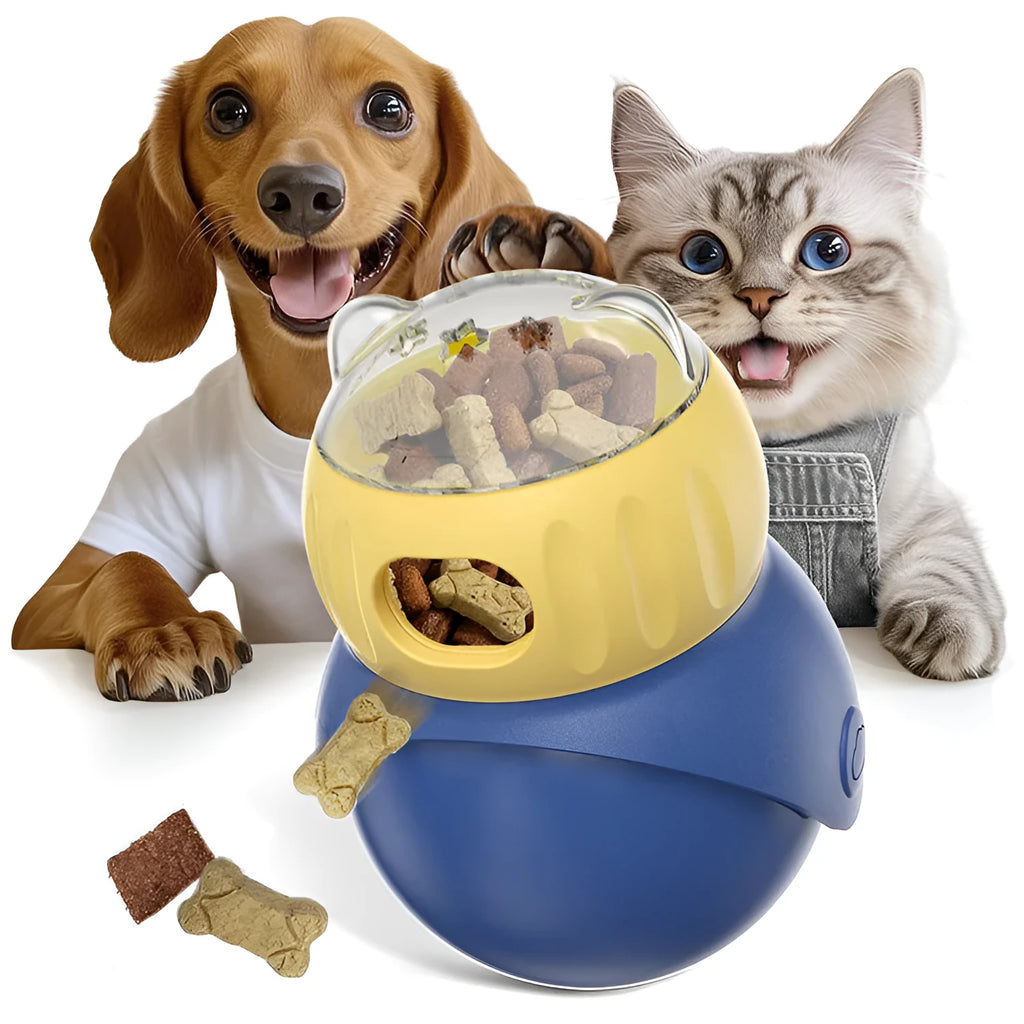 Morandi yellow and blue plastic tumbler owl self-service cat feeder puzzle toy