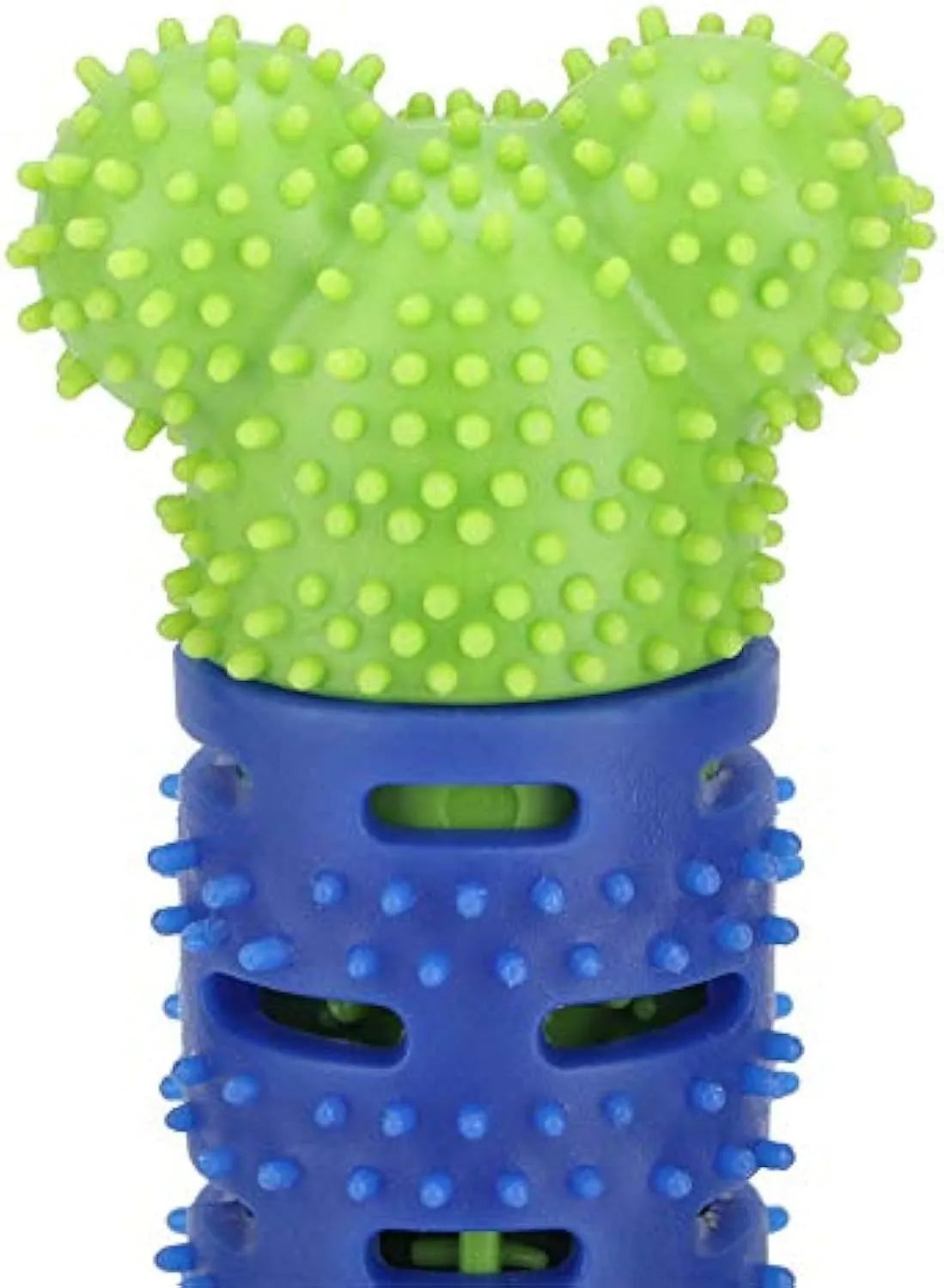 Blue and green silicone dog molar tooth cleaner chewing stick with textured brush head, 25cm long