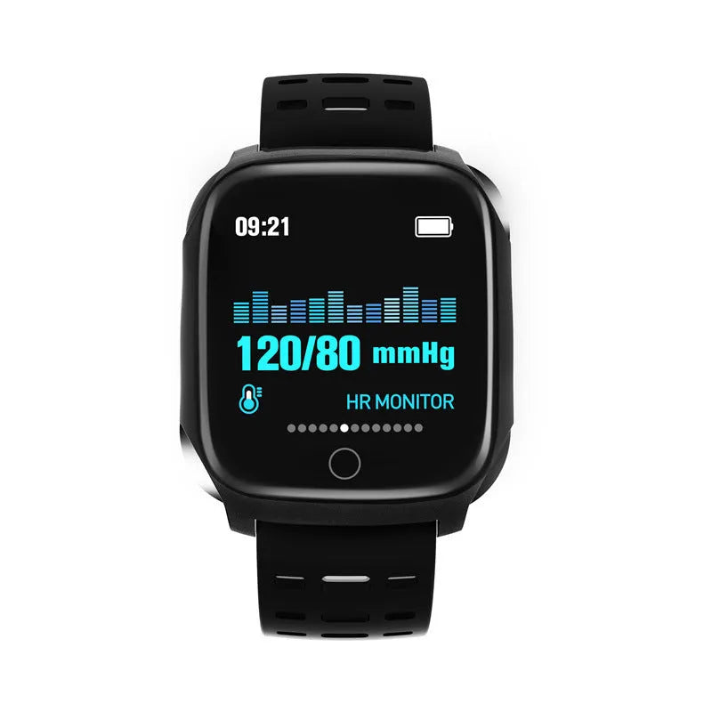 F16 Smart Watch with ECG blood pressure monitor and heart rate tracker showing black silicone strap and 43mm IPS display
