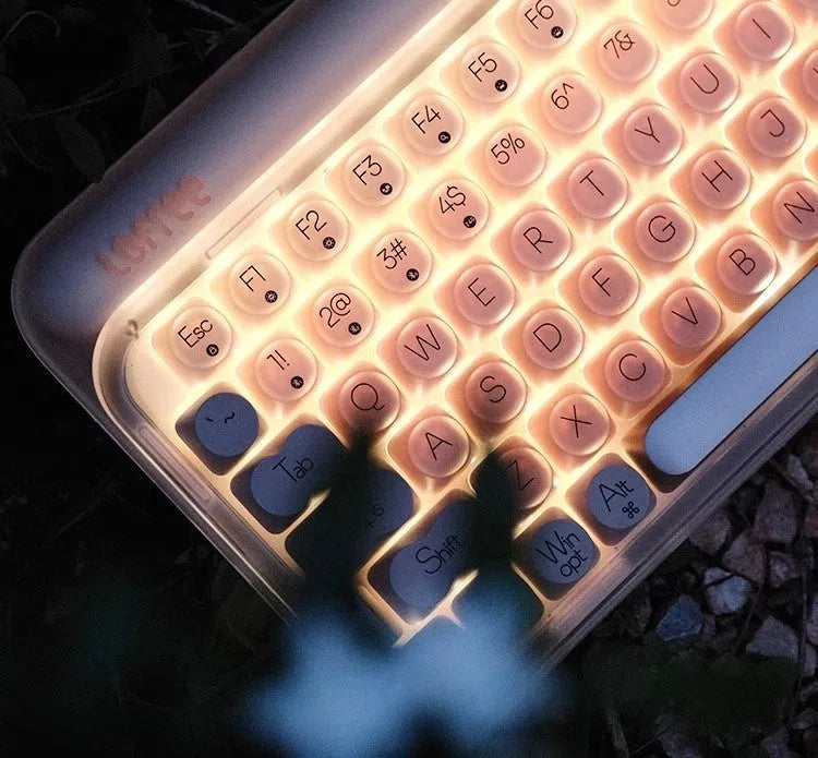 Wireless mechanical keyboard office kit with mouse, calculator and light on desk
