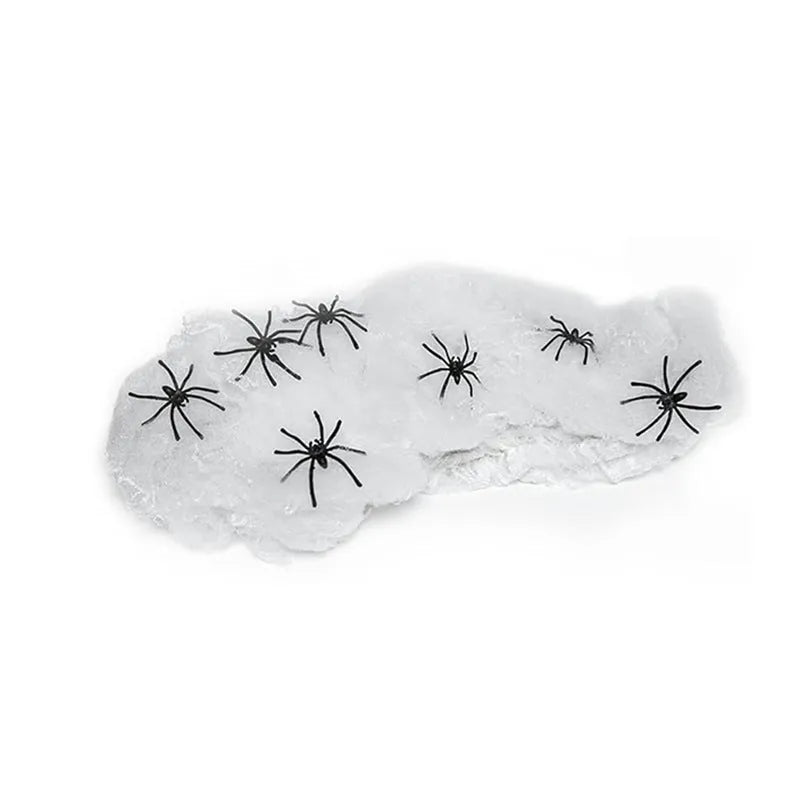 White cotton spider web Halloween decoration with plastic spiders in various pack sizes
