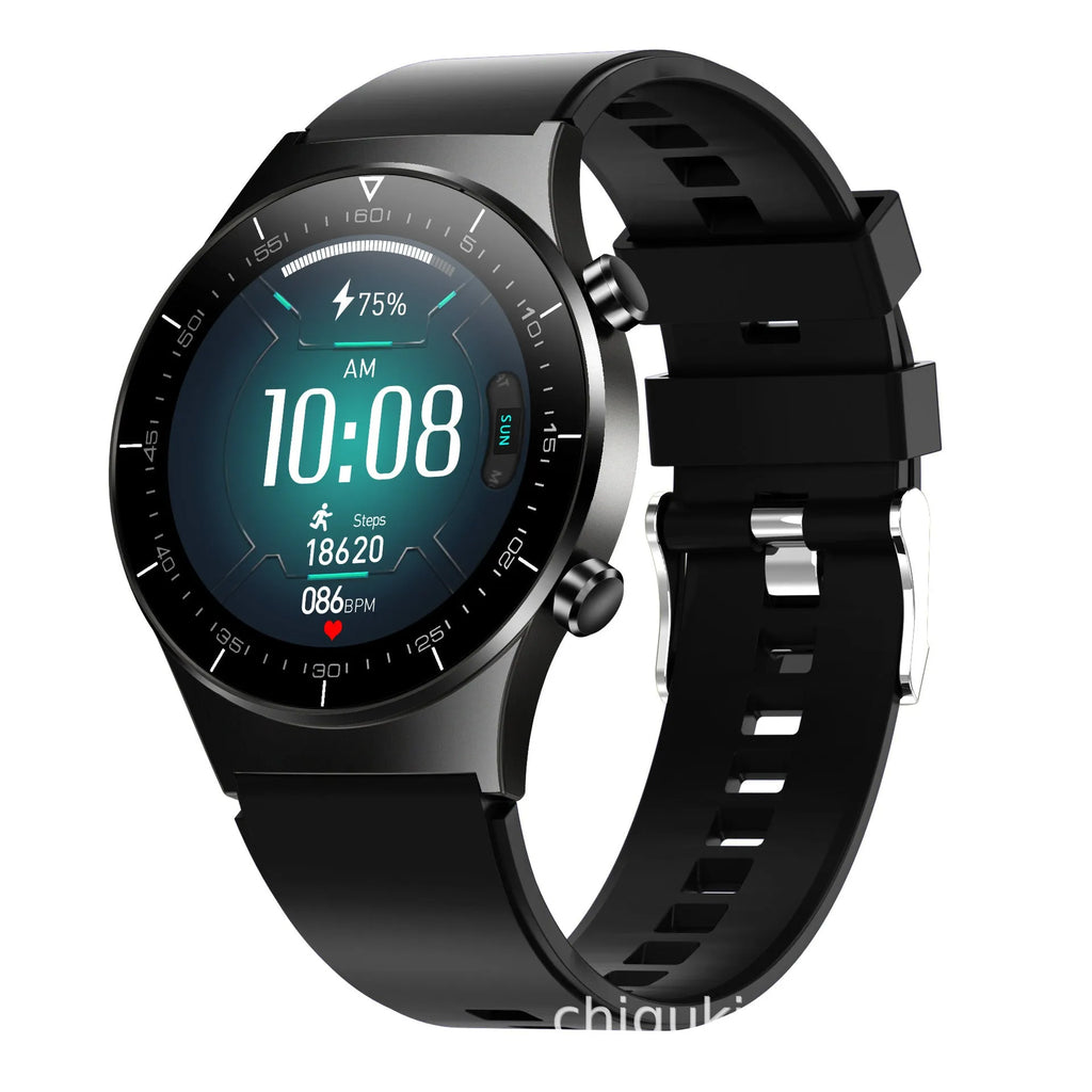 Black smartwatch with 1.3-inch glass touchscreen displaying heart rate and step count data on TPU wristband