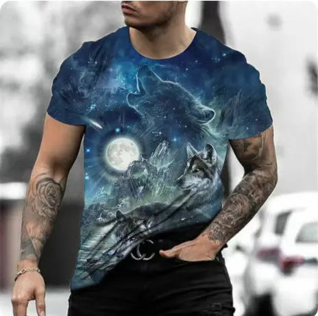 Retro 3D animal print on a men's grey short-sleeved t-shirt showing the digital print detail.