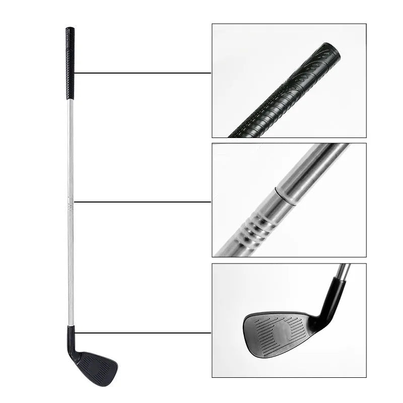 Metal golf club set showing adult and children's clubs for backyard practice