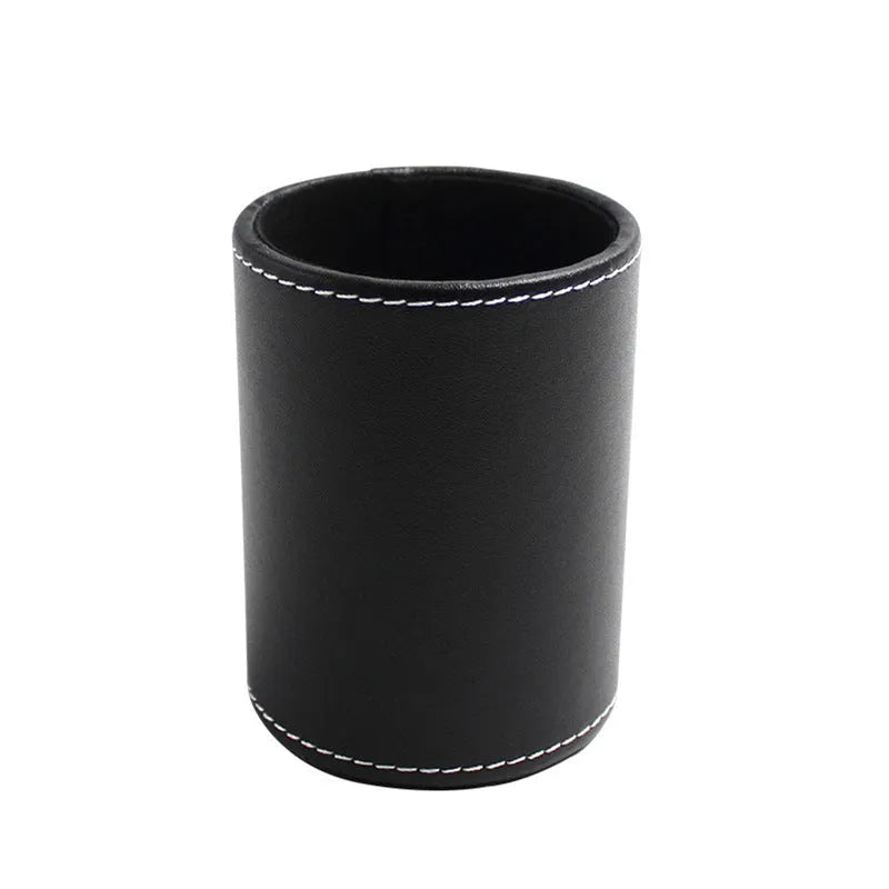 Round black leather pen container 8cm diameter 10.8cm height for office desk