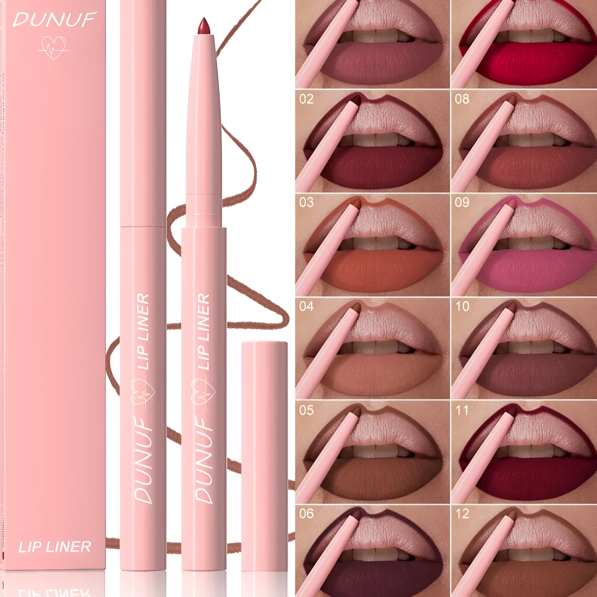 Velvet matte lip liner in 12 colour options for easy application
