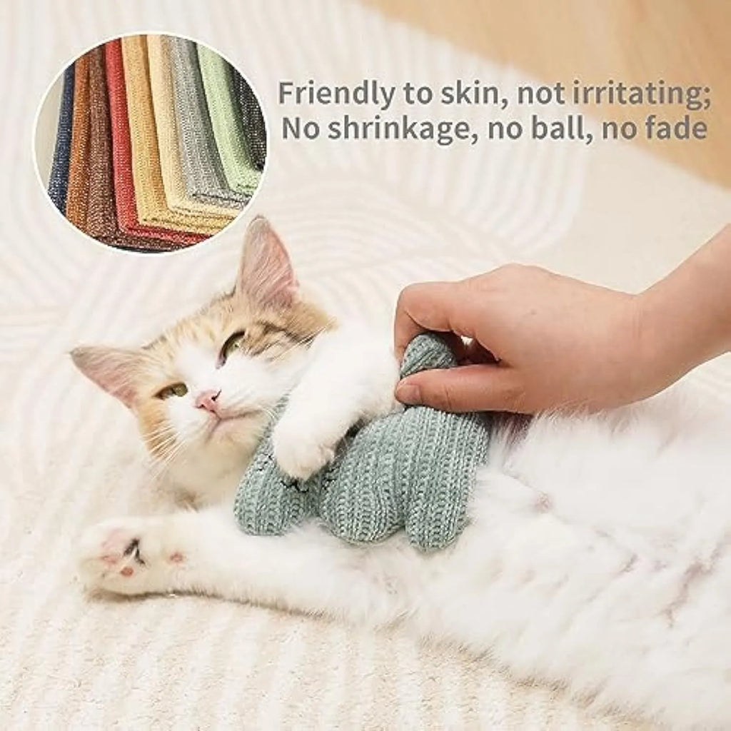 Cyan knitted plush catnip toy with bell measuring 12x11cm for cats and kittens