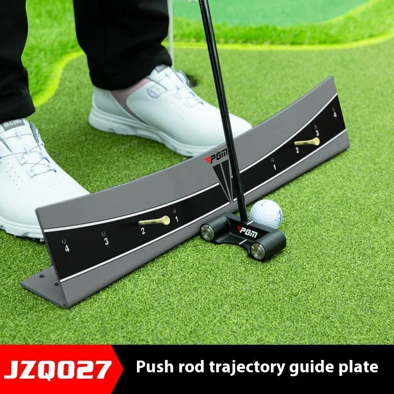 Golf putter trajectory balance simulator with adjustable push rod on a practice green.