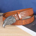 Men's black imitation leather belt with a detailed alloy cow head buckle.