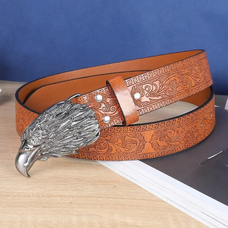 Men's black imitation leather belt with a detailed alloy cow head buckle.