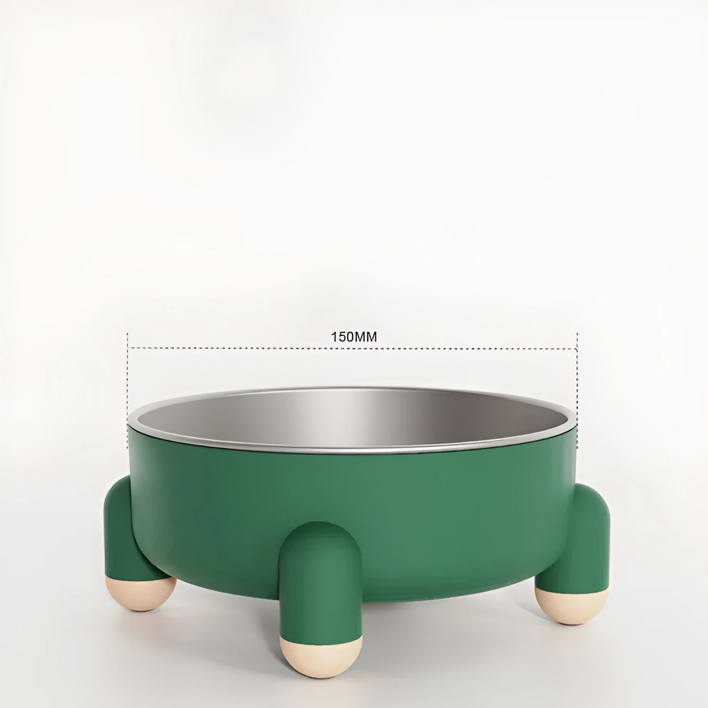 Green non-slip stainless steel pet food bowl with anti-overturn base and raised foot