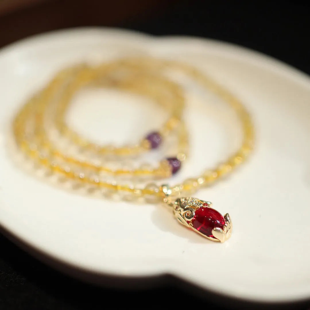 Natural Brazilian gold rutilated quartz bracelet with three circles and chopstick pendants in Chinese style