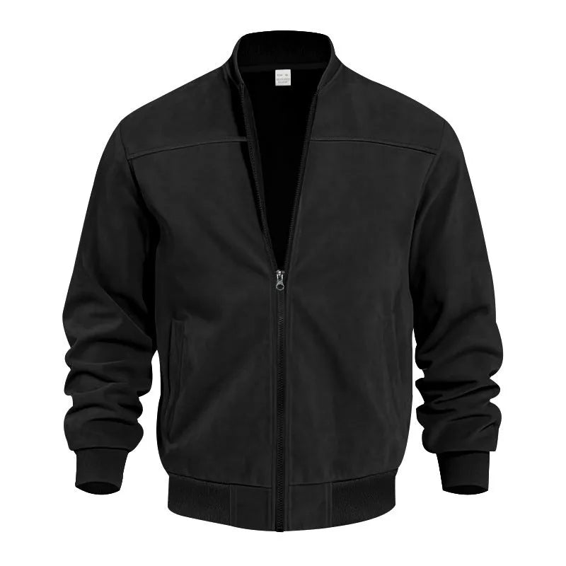 Men's plus size suede zip-front jacket in army green on a hanger