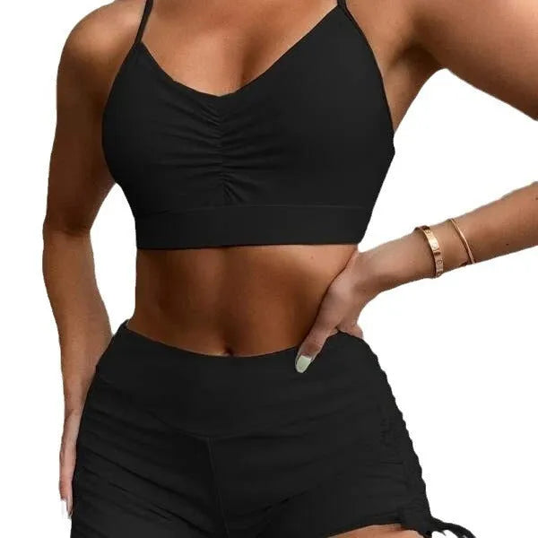 Women's high waist split bikini swimsuit in violet and black colours with sleeveless briefs style