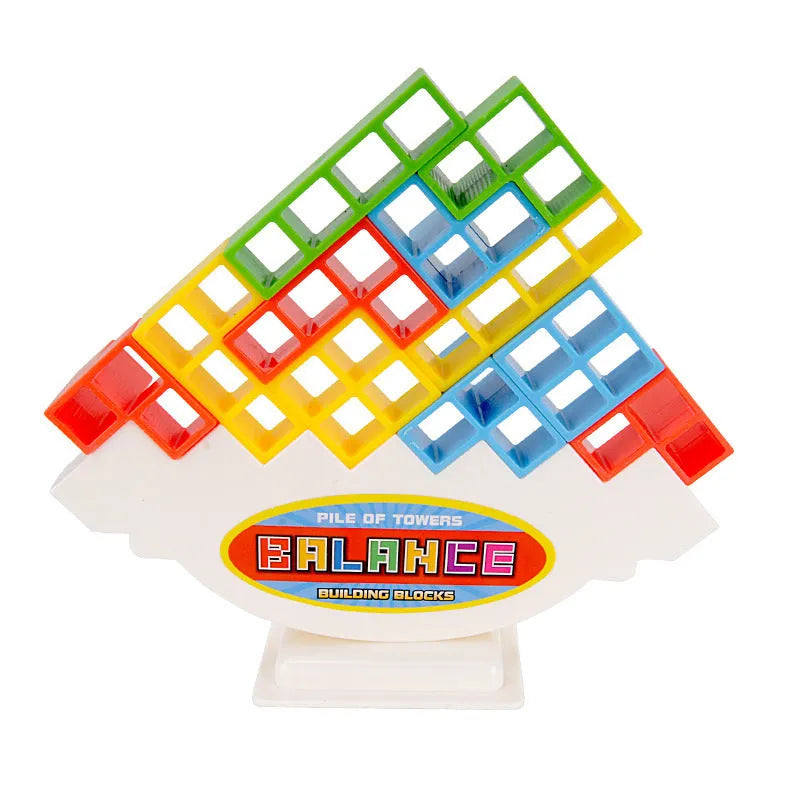 Plastic balance stacking board game with 16 colourful blocks on a chassis and base