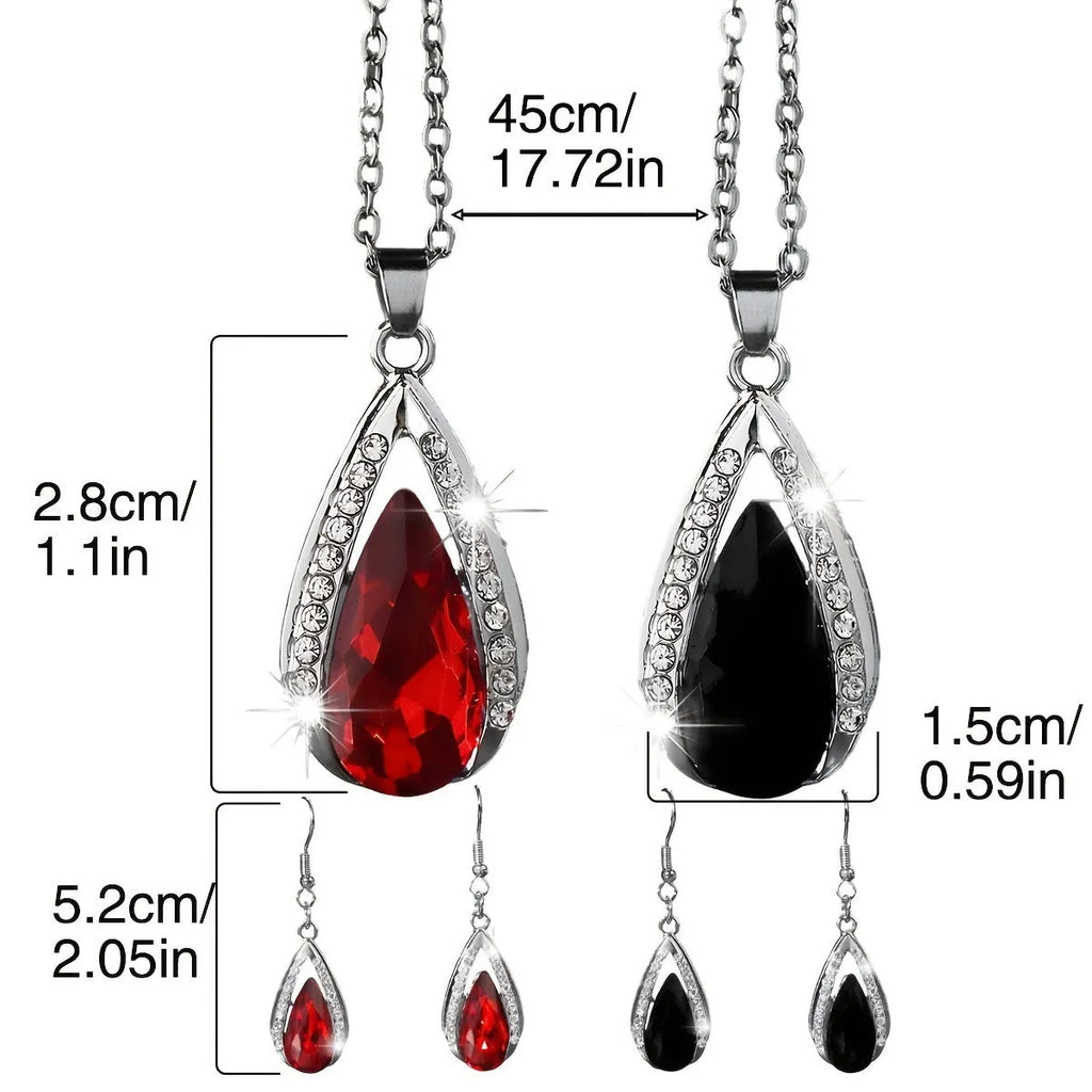 Black and red teardrop glass pendant necklace and matching earrings set on alloy chain.