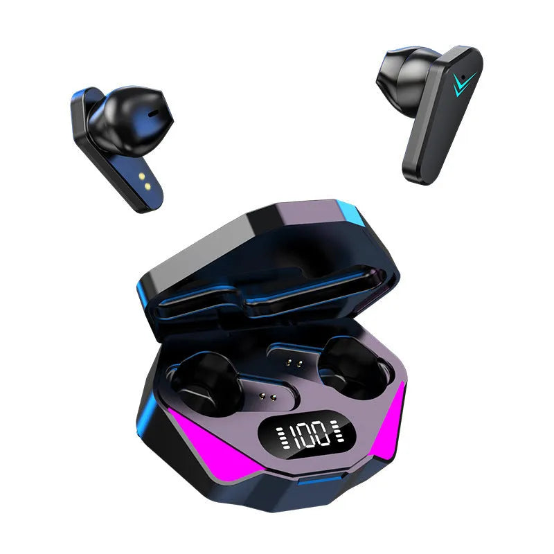 X15 black wireless in-ear Bluetooth gaming headphones with charging case on a grey background.