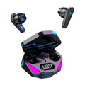 X15 black wireless in-ear Bluetooth gaming headphones with charging case on a grey background.