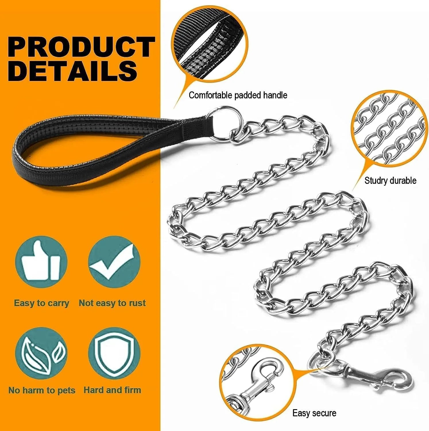 Heavy duty metal dog leash with padded handle in black, blue, or red colours