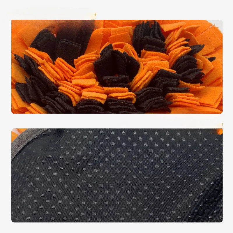 Orange pumpkin design dog sniffing mat with fur texture for slow feeding and training