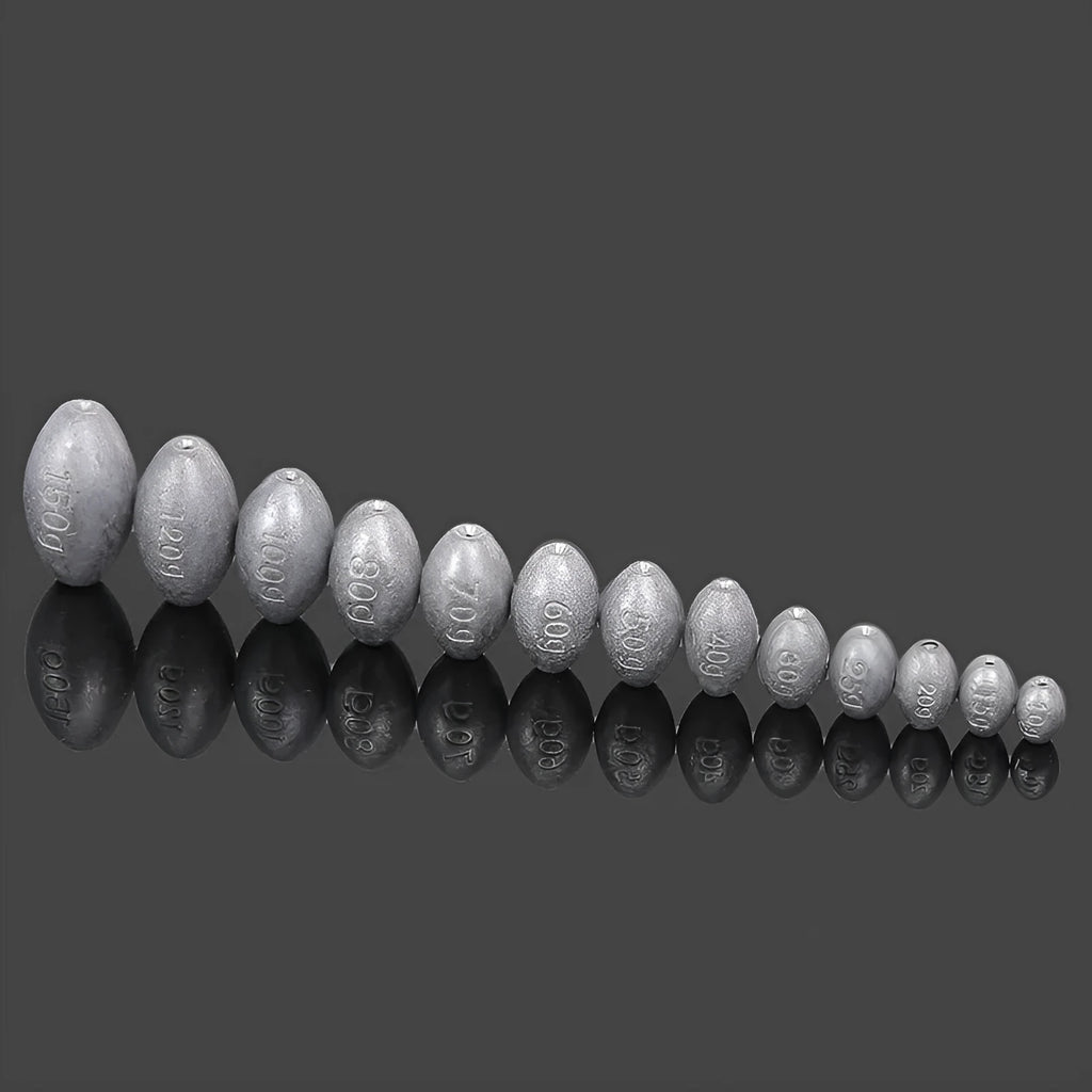Rugby-shaped olive lead fishing sinker with scale texture pattern and plastic core construction