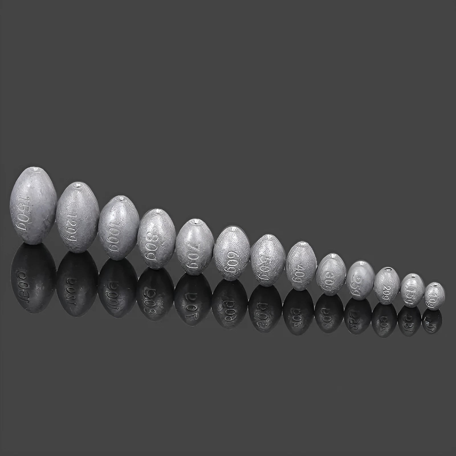 Rugby-shaped olive lead fishing sinker with scale texture pattern and plastic core construction