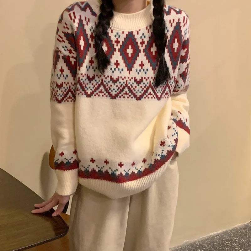 White and red striped retro style loose pullover knitted top with long sleeves