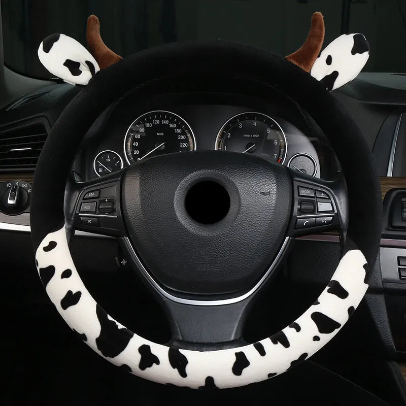 Short plush automotive steering wheel cover with protective handle in black colour
