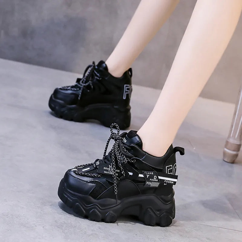 Women's white mesh platform tennis shoes with cross-strap and 6-8cm rubber sole.