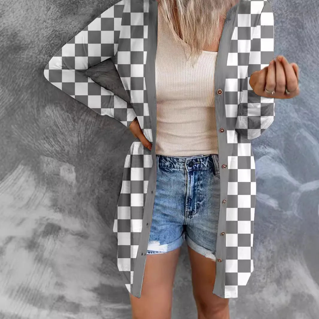Long grey plaid cardigan coat with loose knit and regular sleeves on a model.