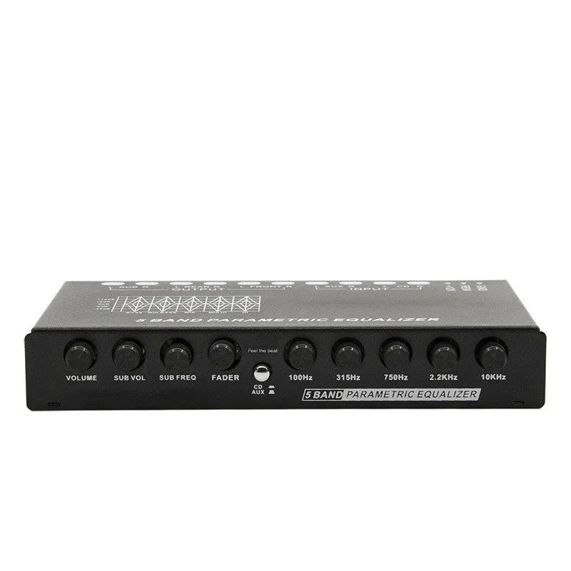 Black car audio EQ amplifier unit with control knobs, showing rear RCA input and output connections.