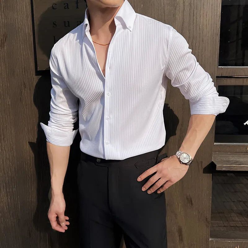 Men's dark striped V-neck long sleeve casual shirt in a polyester blend fabric.