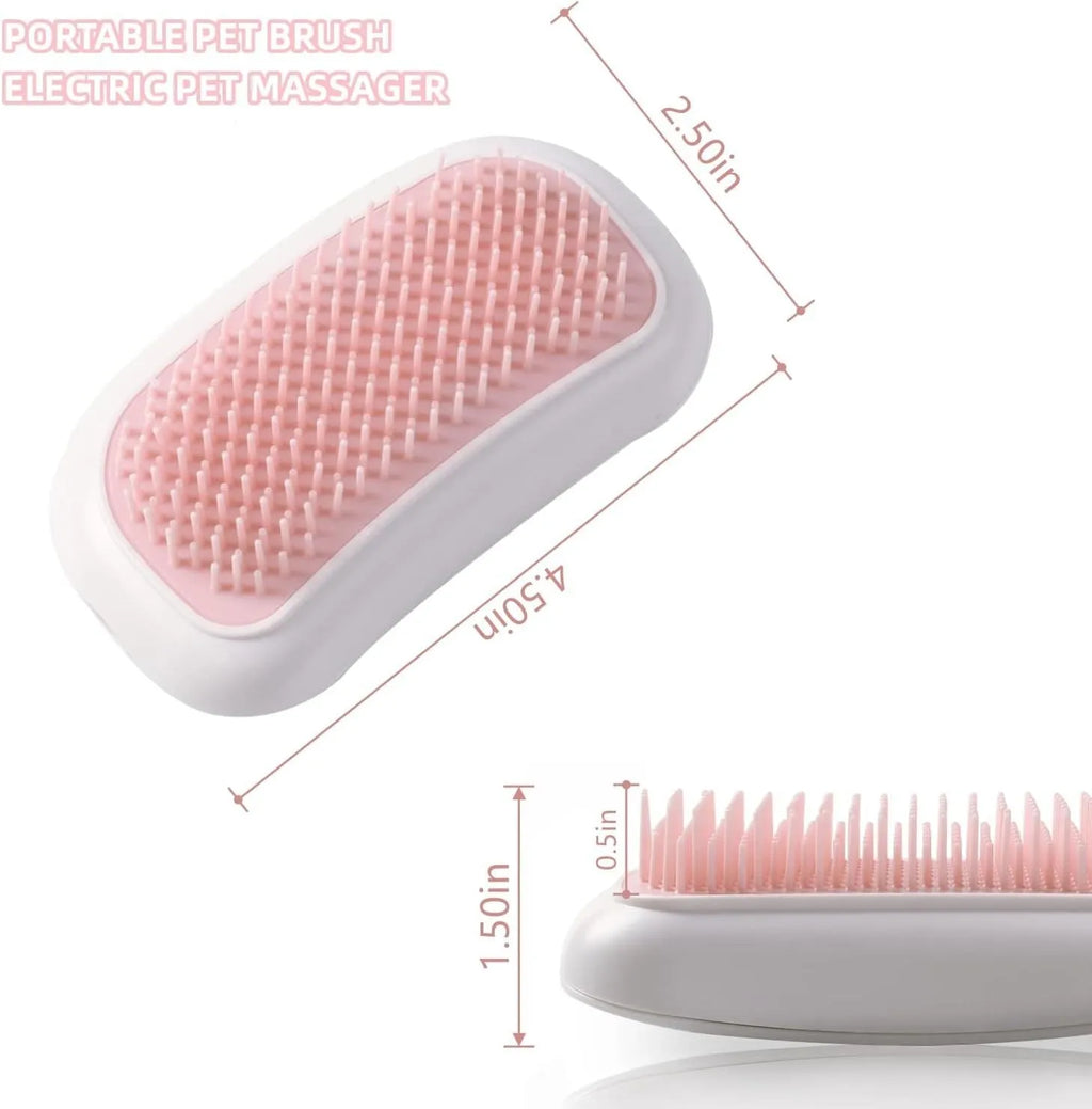 Pink handheld electric pet massage brush with soft white teeth on a table.