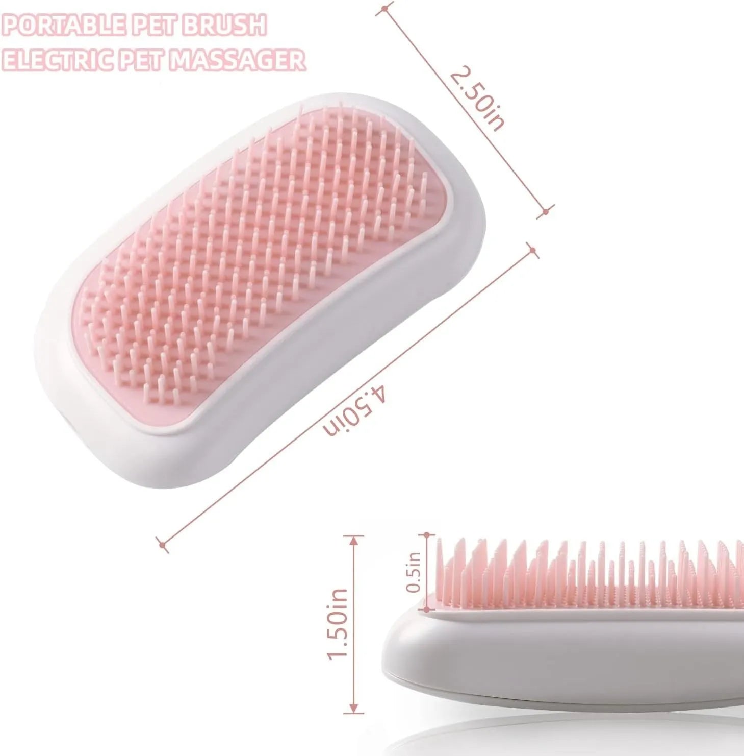 Pink handheld electric pet massage brush with soft white teeth on a table.