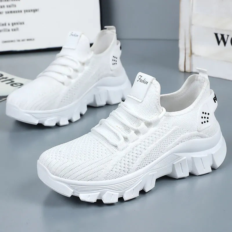 Men's casual sneakers with flyknit upper and thick PVC sole in beige colour