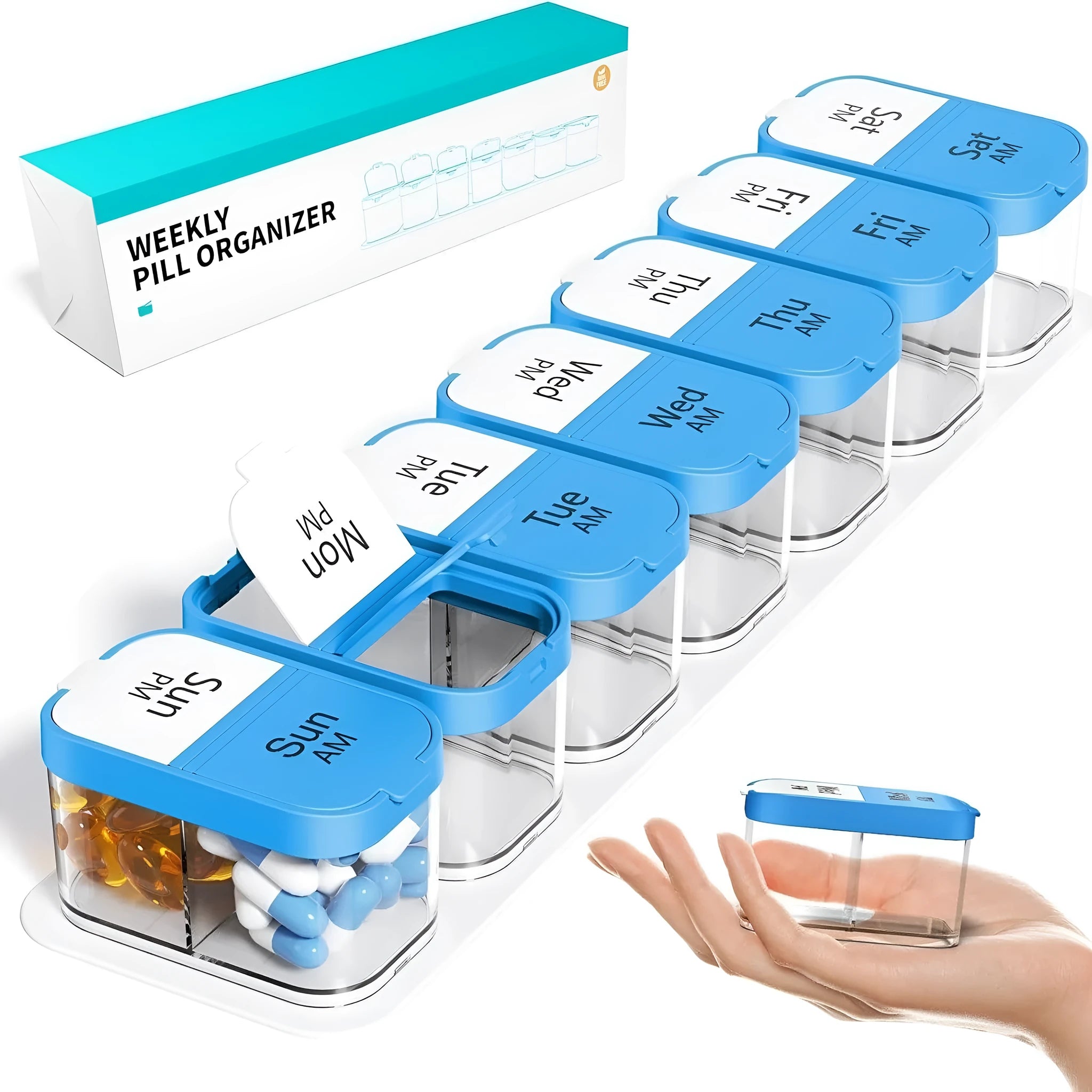 Amazon portable pill dispenser with 14 removable compartments in rainbow colour option